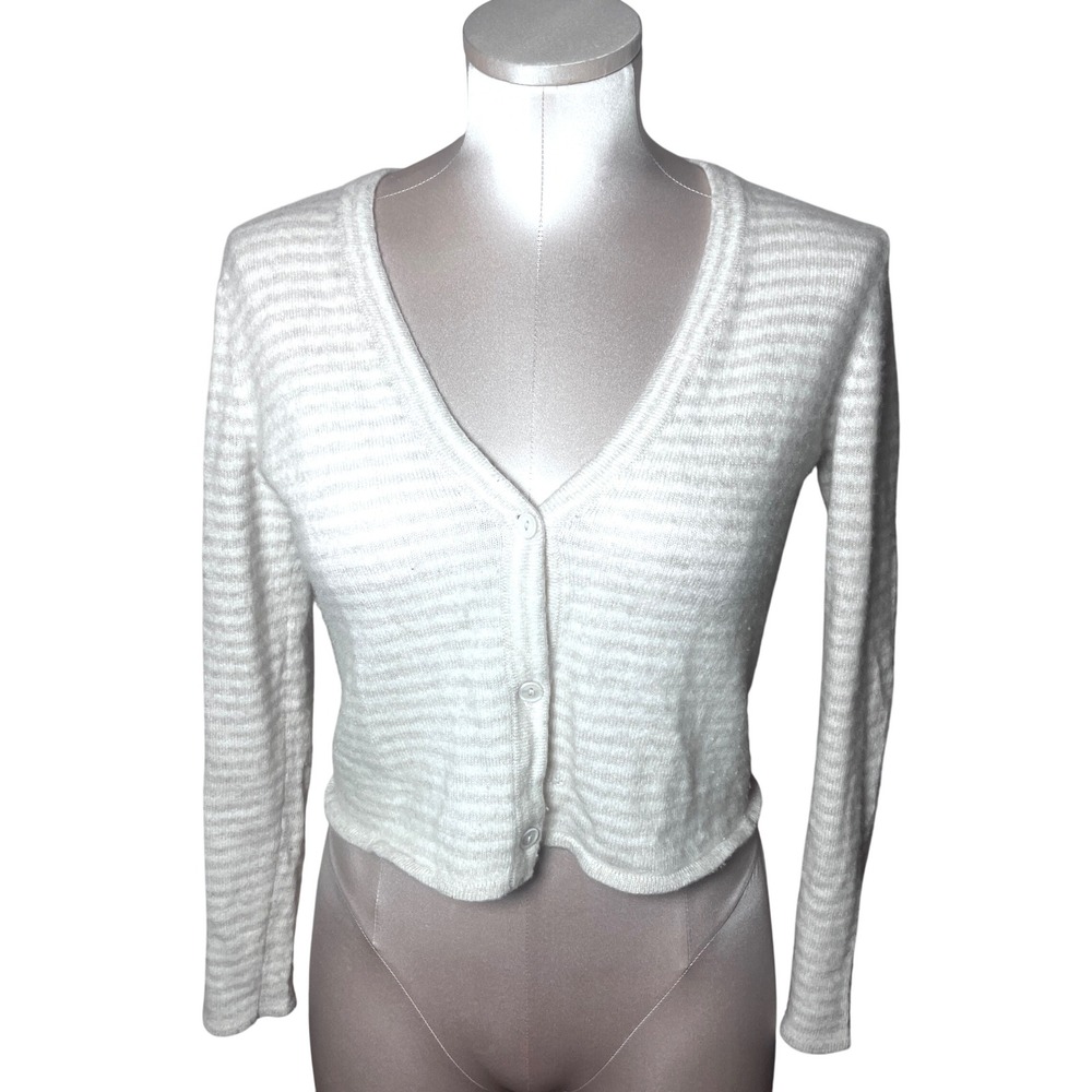 Magaschoni Cream White Striped V-Neck Button Front Cropped Cardigan Sweater XS
